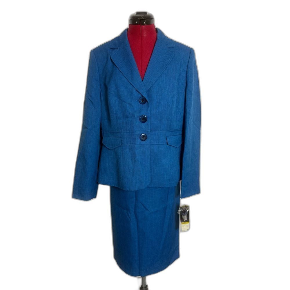 NWT Le Suit Skirt Suit Women's Size 14 Lapis Blue 2-Piece Set Blazer & Skirt